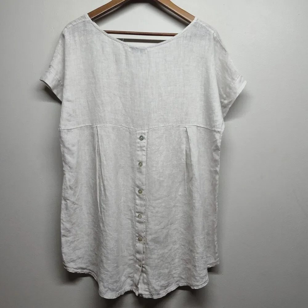 Terzo Millennio Linen Top Women Size M Cream Short Sleeve Bohemian Casual Italy - Picture 5 of 7